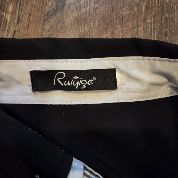 Ruiqige Black Button-Down Shirt with White Contrast Trim Red Button Men's M/L - Picture 2 of 8